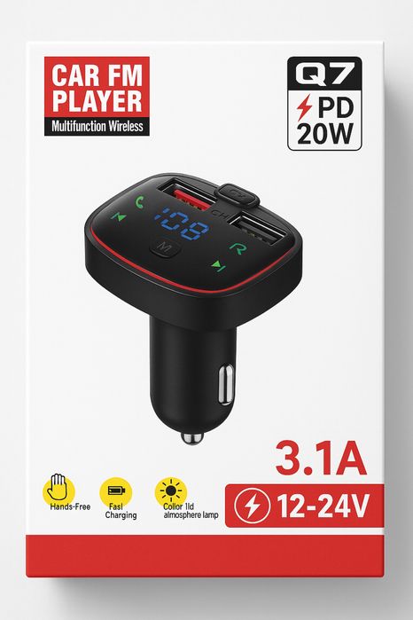 Q7 Transmiter FM BT – PD20W, USB 3.1A, Zestaw Głośnomówiący