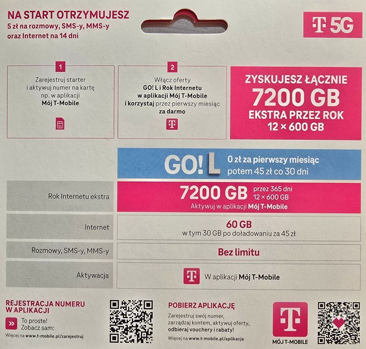 Starter sieci T-Mobile karta SIM 7200 GB 2 szt