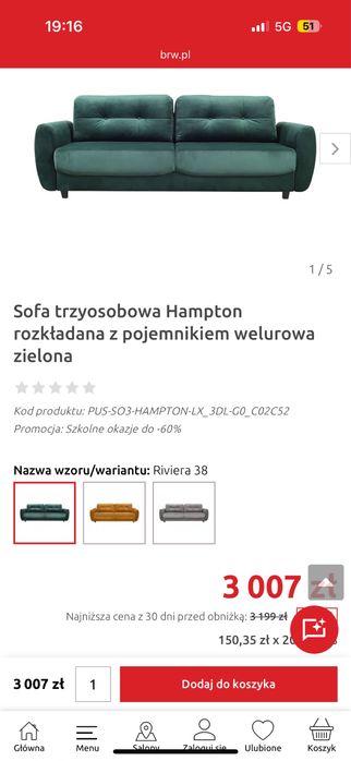 Kanapa rozkładana, zielona aksamitna VIP HAMPTON