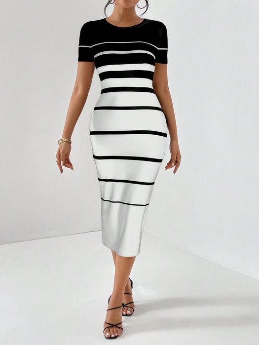 Sukienka Midi Ołówkowa Dopasowana W Paski Biało-Czarna Casual Shein S