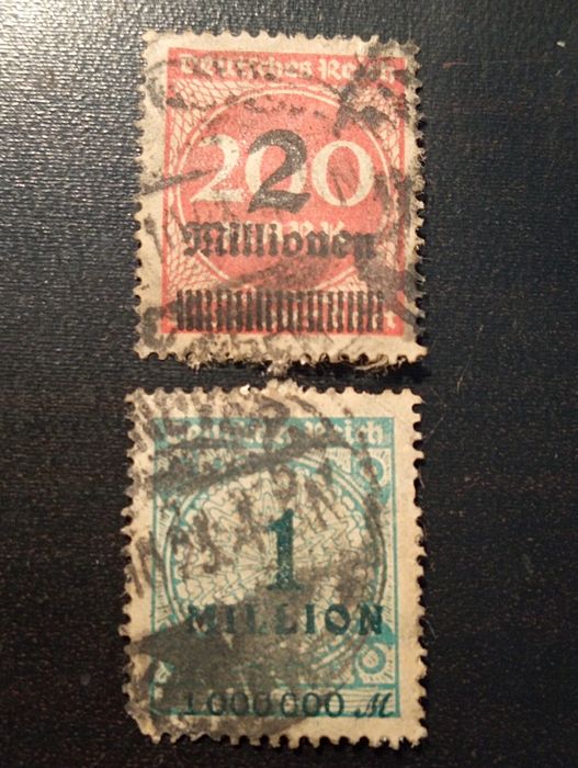 2 selos Alemanha 1923 -hiperinflação -1 milhão e 200 Marcos sobrecarga*