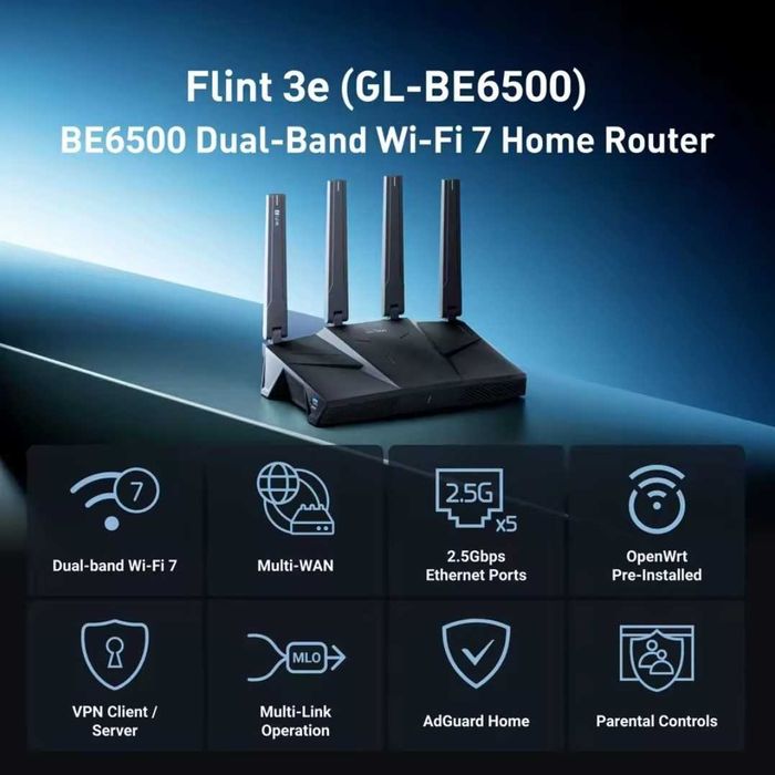 Wi-Fi роутер GL.iNet Flint 3e GL-BE6500, WiFi-7 2.5G OpenWrt VPN USB