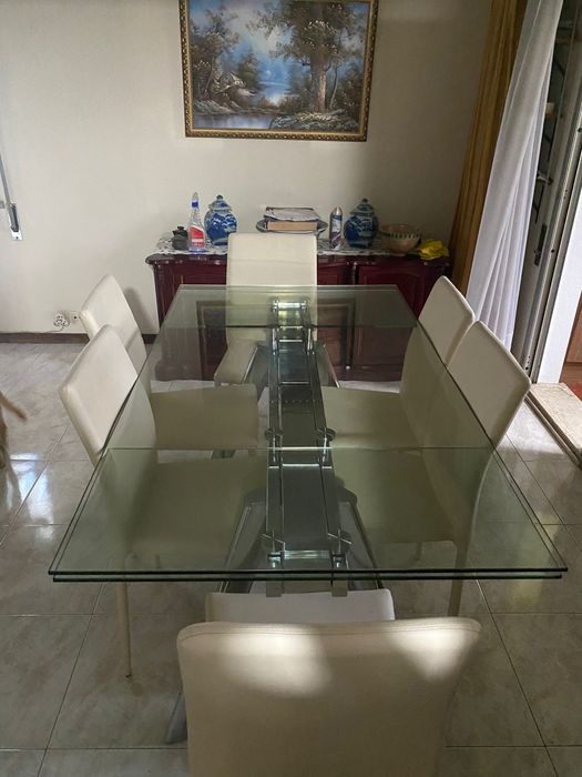 Mesa extensível vidro + 6 cadeiras