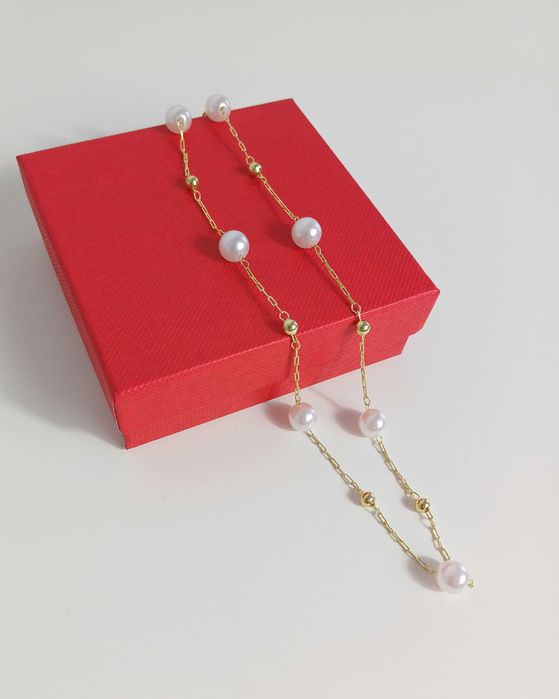 NOWY naszyjnik złoty z białymi perłami Vintage gratis