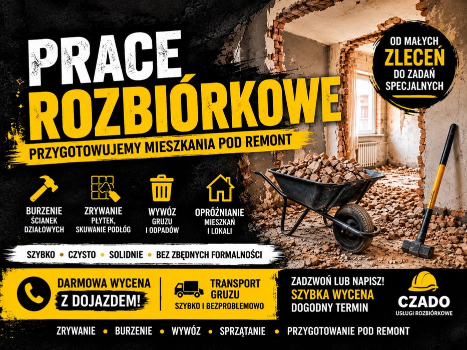 Prace Rozbiórkowe | Burzenie Ścian | Zrywanie Płytek | Wywóz Gruzu