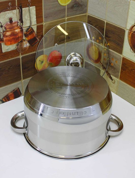 Garnek Stalowy Gastro 8,2L – Gaz, Indukcja, Szklana Pokrywka, E4007