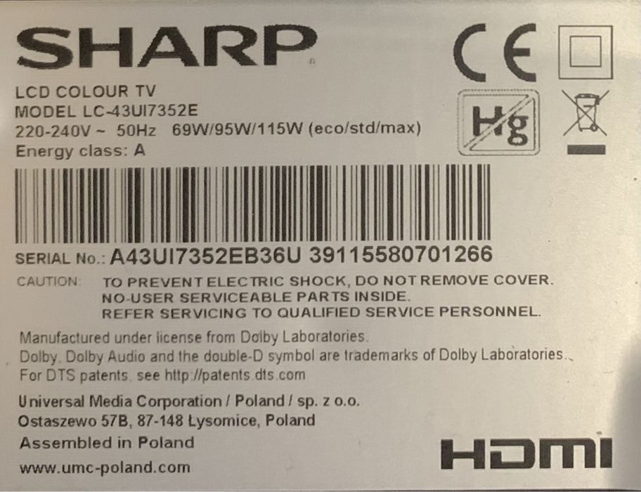 Телевизор «Sharp» 43” Smart TV 4K HDR (на запчасти)