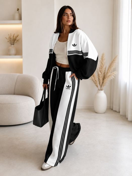 Adidaa Komplet dresowy damski oversize czarno-biały bluza + spodnie S/M