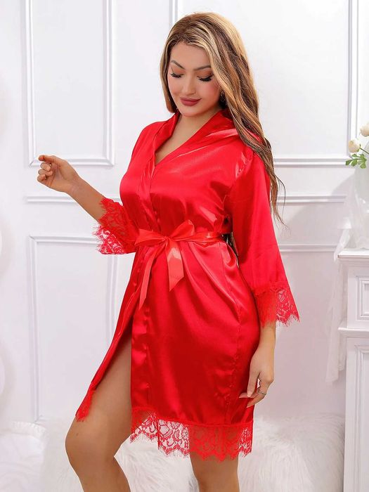 koszula nocna szlafrok czerwona koronka gładka miękka rozmiar L