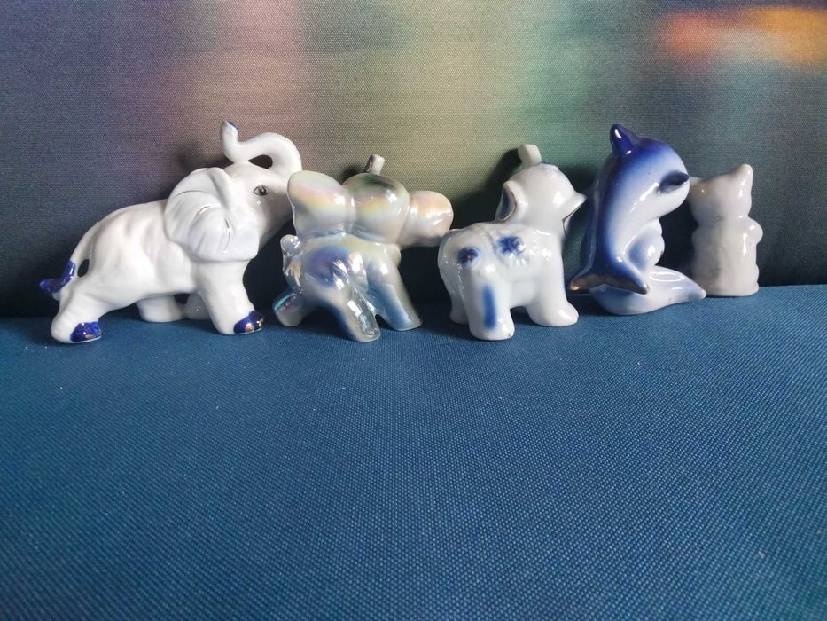 figurki słoniki delfin kotek porcelana 4szt