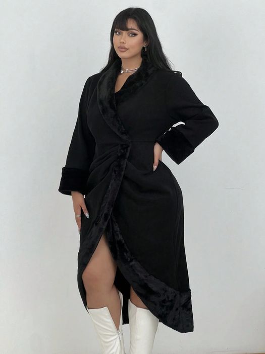 Płaszcz damski czarny midi elegancki z futrzanym kołnierzem SHEIN 4XL