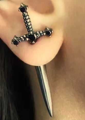 Brinco Cruz metal com pedras pretas - Portes grátis