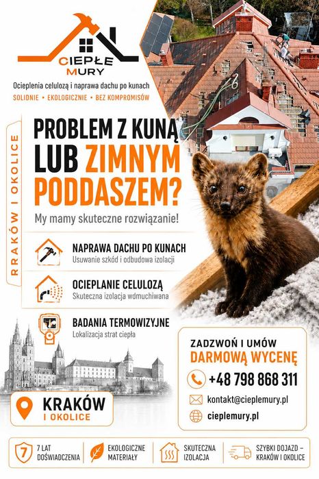 Naprawa dachu po KUNIE KRAKÓW - Naprawa dachu PO KUNACH, ocieplenia CELULOZĄ