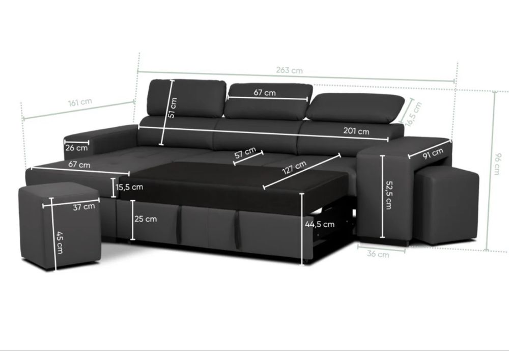 Sofá cama 4 lugares com chaise longue reversível, cabeceiras ajustáveis e 2 pufes