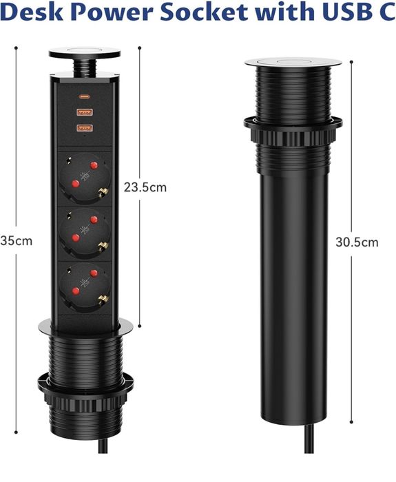 Tomada embutida retrátil de 3 tomadas com 2 × USB-A + 1 × USB-C, régua retrátil para mesa