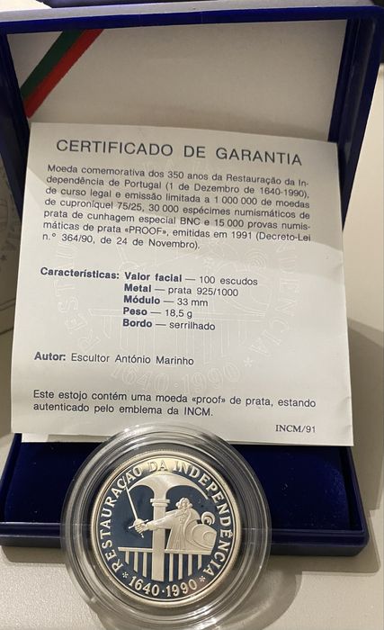 Moeda Prata Proof - 100 Escudos Rest. Da Independencia 1990