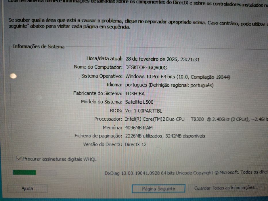 Portátil Toshiba L500-13w T8300 4GB 128SSD