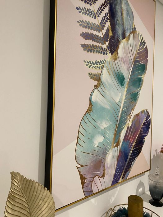 Quadro e duas banquetas azul petróleo