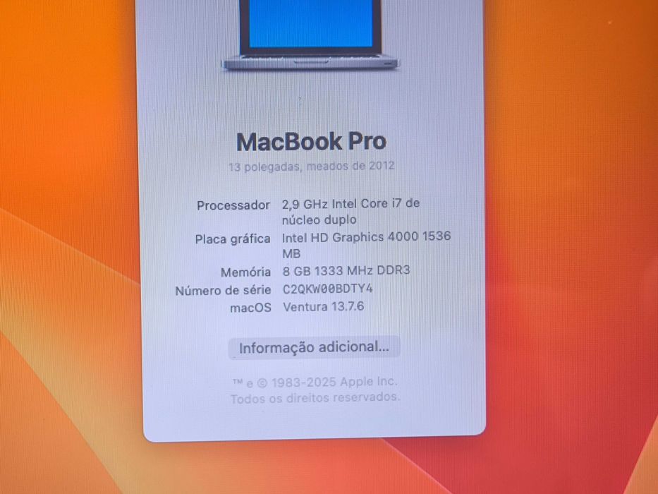 Apple Macbook Pro 13 i7 8GB ram SSD 128GB