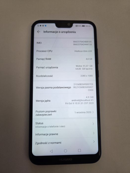 HUAWEI P20 lite ANE-LX1 64 GB / 4 GB / Bateria ok. Stan Ok Lekkie pękniecie na ekranie patrz Foto. Dotyk i wszystko dziala normalnie.  PATRZ 4 ZDJECIE