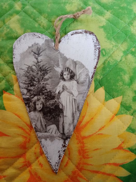 Zawieszka serce dwa aniołki obrazek decupage rękodzieło