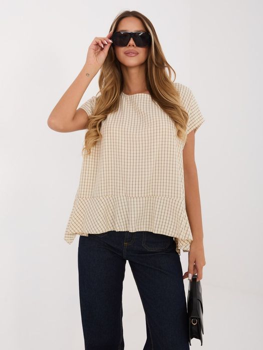 Beżowa Bluzka Damska Kratka Oversize Letnia Lyocell Falbana Casual Italy Moda