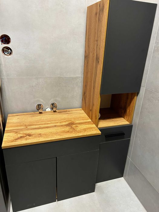 Meble łazienkowe 90cm NOWE - słupek, szafka, lustro - loft Wotan szary