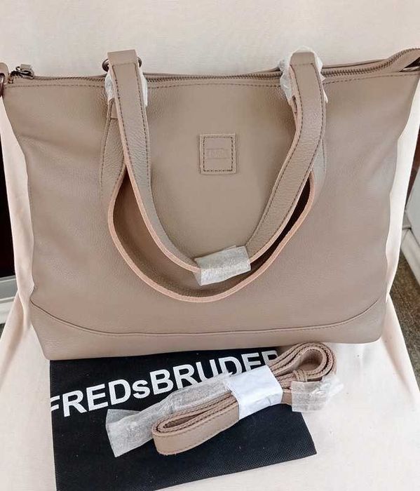 Duża  skórzana torebka torba beżowa FredsBruder shopper  A4