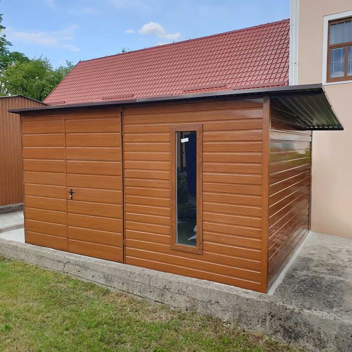 Domek ogrodowy 4x3m- złoty dąb ciemny + zadaszenie + okno premium