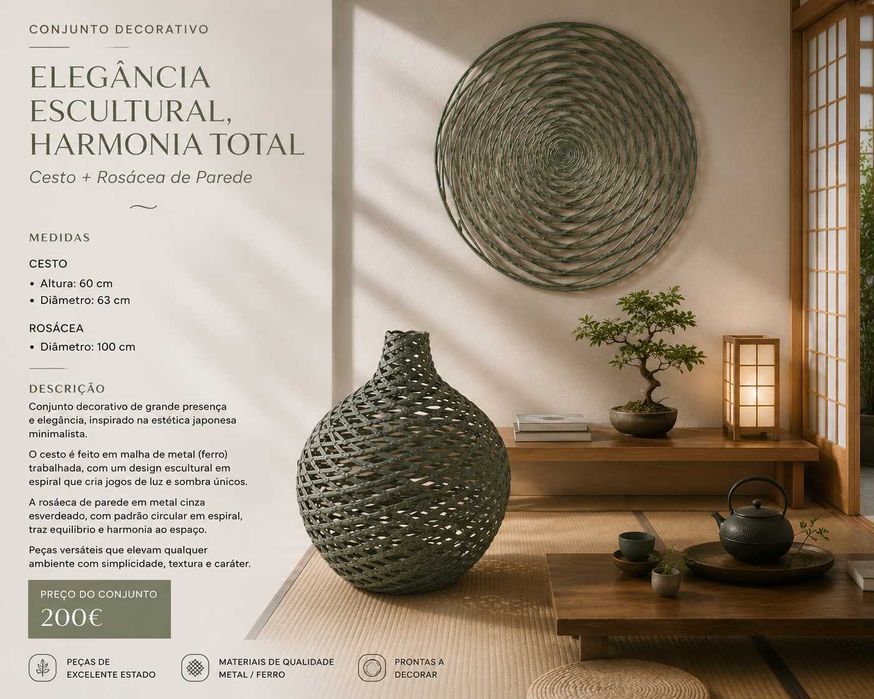 Conjunto Decorativo Japandi em Metal — Cesto + Rosácea