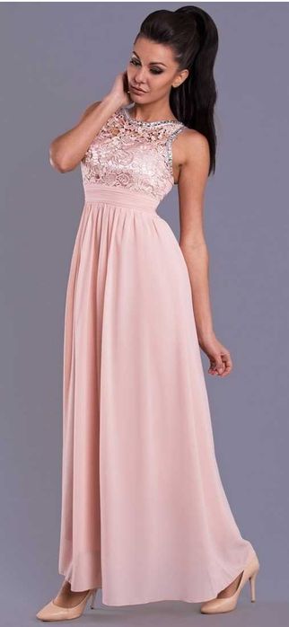 Suknia długa/wieczorowa/pudrowy róż/ koronka/