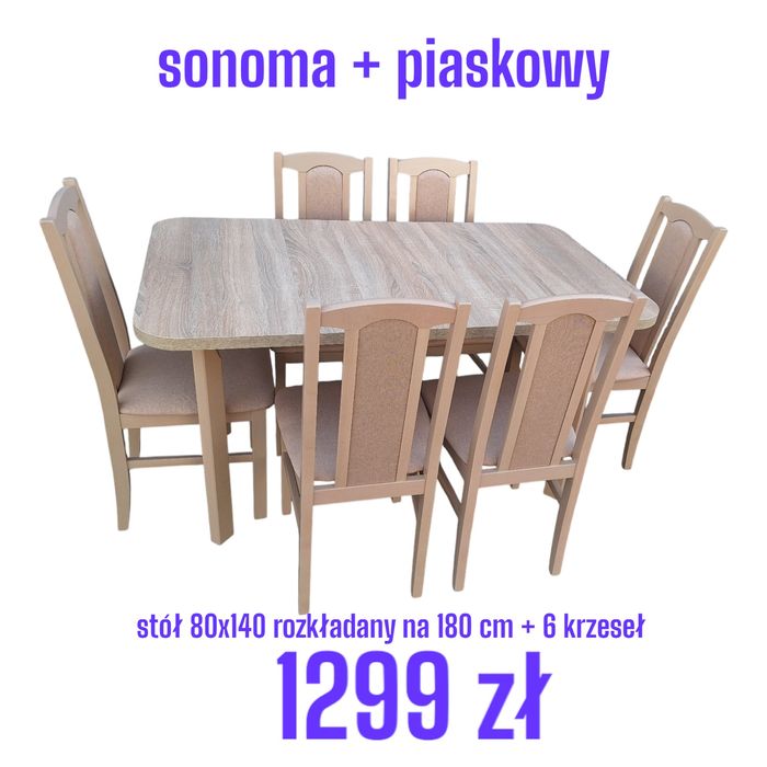 Nowe: Stół rozkładany + 6 krzeseł, sonoma+piaskowy, transport cała PL