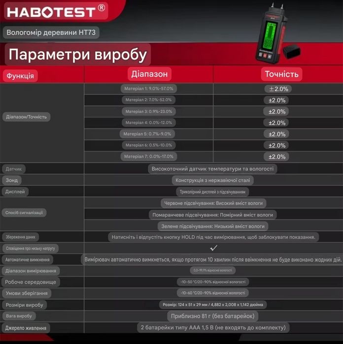 Вологомір деревини HABOTEST HT73 – цифровий вимірювач вологості деревини та будівельних матеріалів