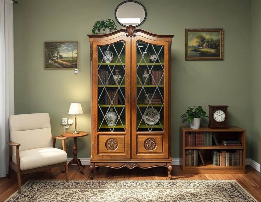 Вітрина сервант бібліотека дерево вітраж 4080