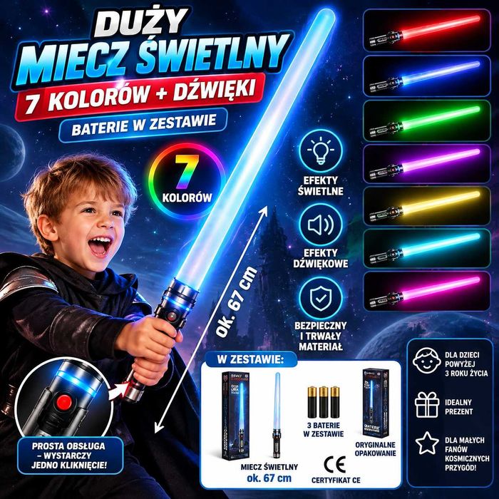 Miecz Świetlny LED dla Dzieci 7 Barw Dźwięk 67 cm