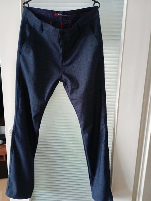 Nowe granatowe spodnie, eleganckie, w kratkę, garniturowe, rozmiar W33