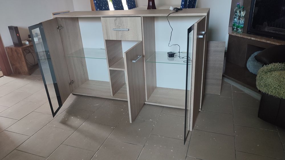 Komoda Barek Witryna Szafka pod TV Dąb Sonoma 140 cm IDEALNY STAN