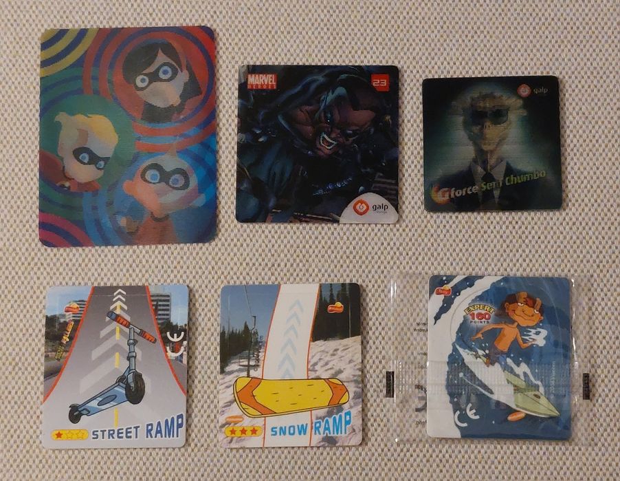 Cartões Matutano, tazo holográfico Galp/Marvel, cromo holo Incríveis