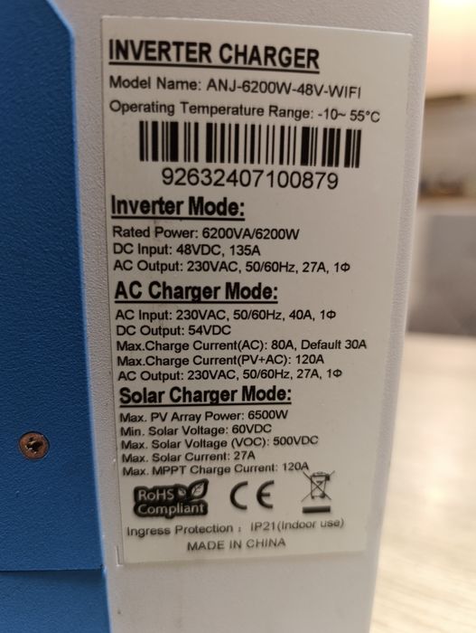 Гібридний інвертор ANENGI 6200W-48V-WiFi