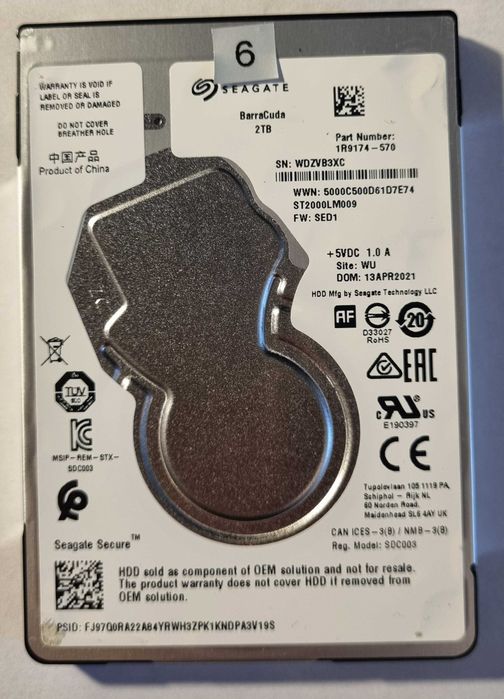Dysk 2,5" Seagate 2TB ST2000LM009 – sprawny, SMART OK, wyzerowany, 7mm (mam 5szt.)