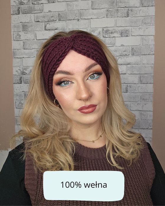 Opaska zimowa 100% wełna w kolorze czerwonego wina