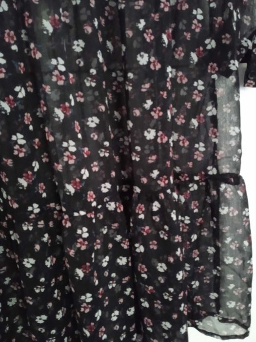 D-xel jeans sukienka mgiełka czarna w różowo białe kwiatuszki XS 34