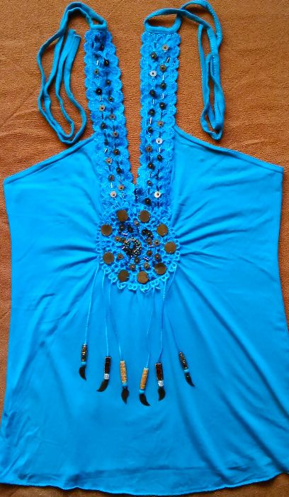 Top bluzka turkusowa niebieska boho zdobienia