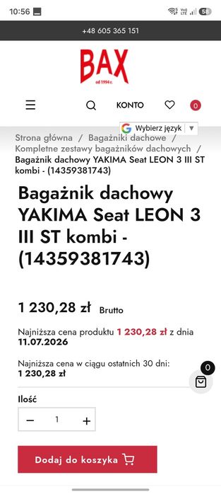 Bagażnik dachowy bazowy Whispbar Seat Leon st