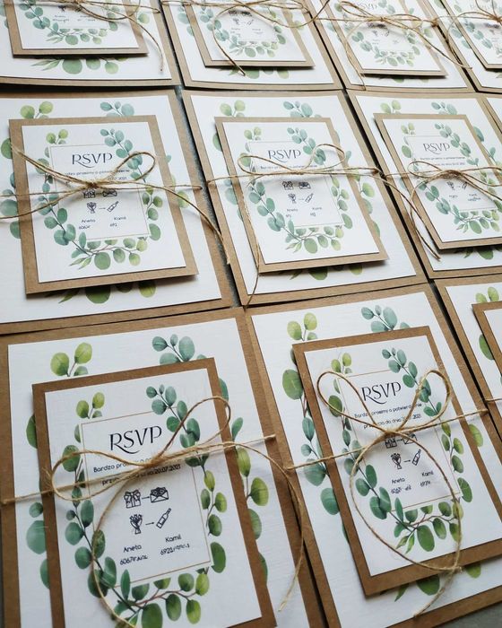 Zaproszenia ślubne dwie karty rustykalne A5 + A6 eko eukaliptus liście