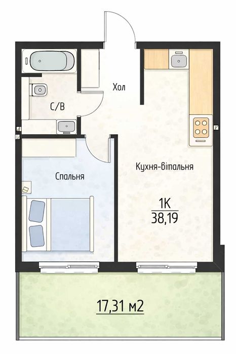 1-комнатная квартира по адресу ул. Осенняя (площадь 38,2 м²) - Atlanta.ua - фото 2