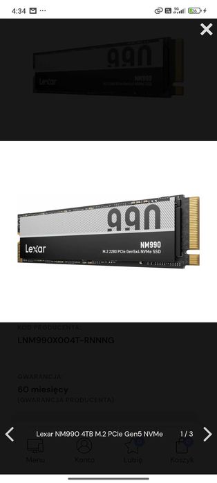 Lexar 4TB M.2 PCIe Gen5 NVMe NM990. Dysk nowy nigdy nie był używany..Brak pudelka