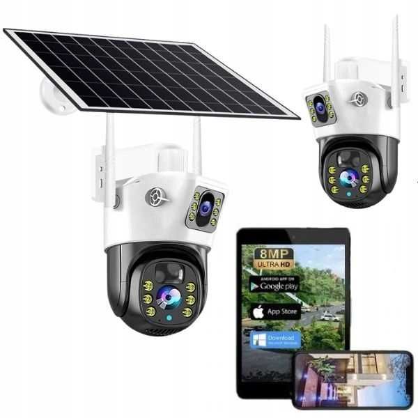 Solarna Zewnętrzna kamera dwa obiektywy 4K HD 8MP Karta SIM 4G LTE