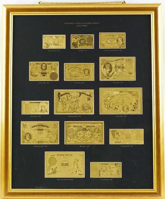 Papel Moeda português -  14 fac-símiles sobre folha de ouro