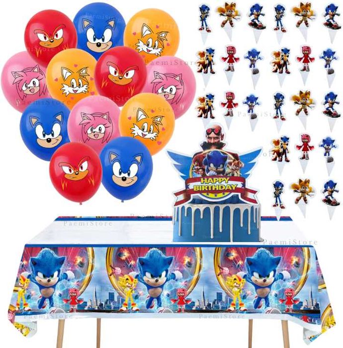 Sonic jeż hedgehog zestaw urodziny balony obrus toppery topper tort